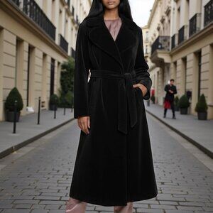 Vintage Black Plush Velvet Belted Midi Goth Winter Formal Coat Womens Size Large